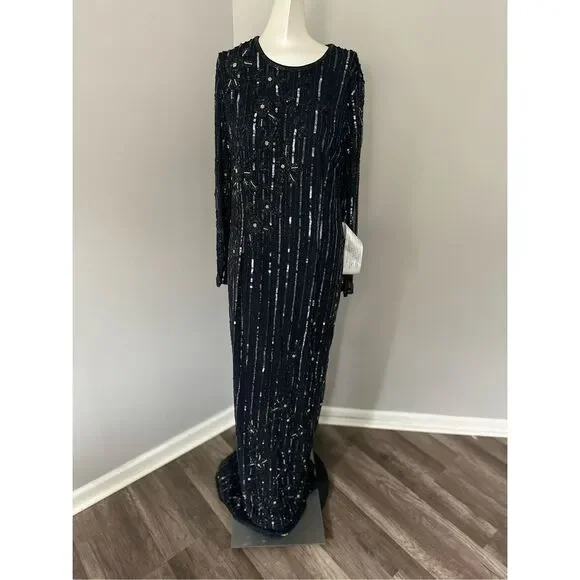 MAC DUGGAL EMBELLISHED HIGH NECK ILLUSION LONG SLEEVE GOWN